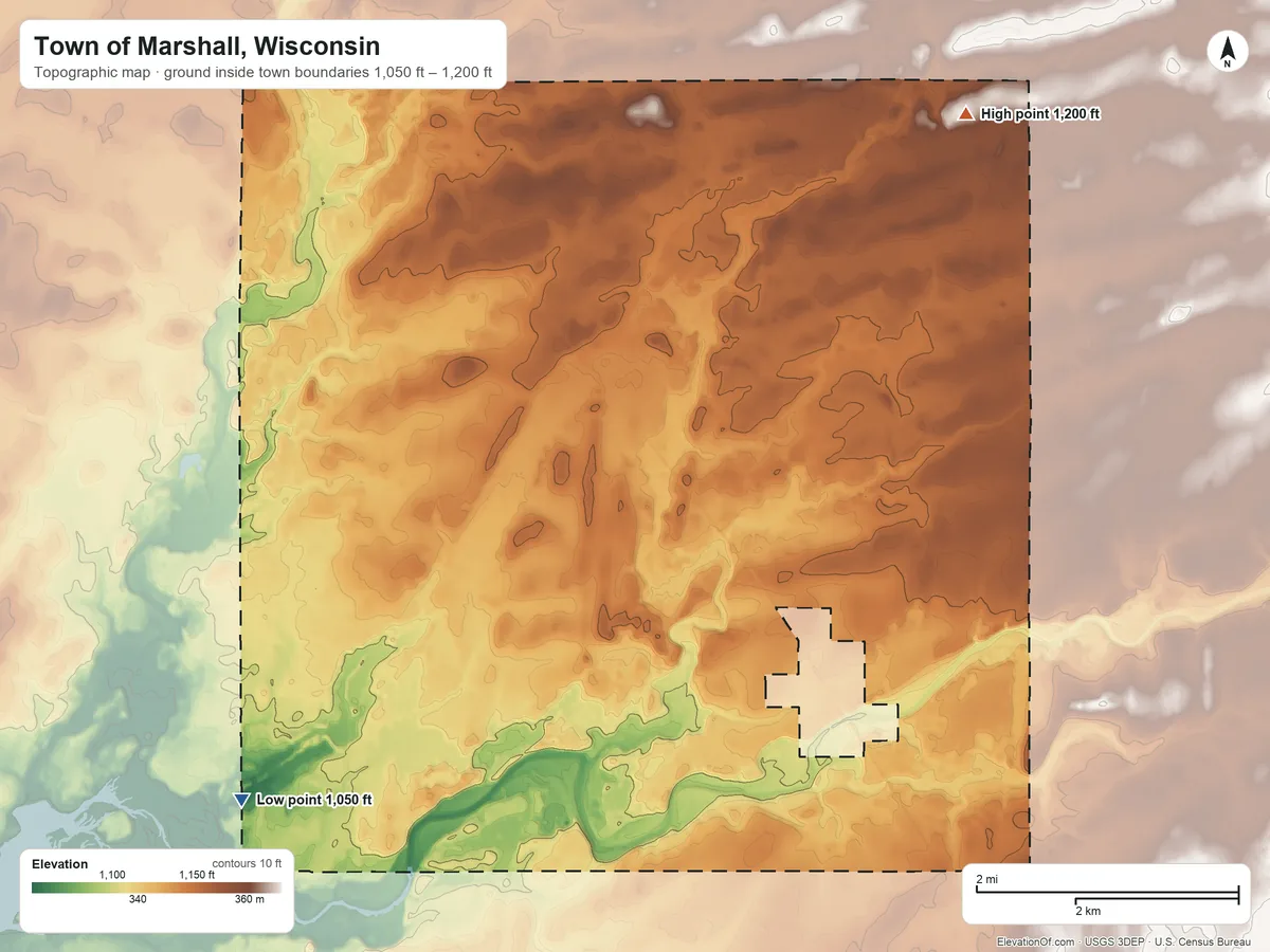 Topographic elevation map of Town of Marshall, Wisconsin, shaded from 1,050 ft on the southwest side to 1,200 ft on the northeast side