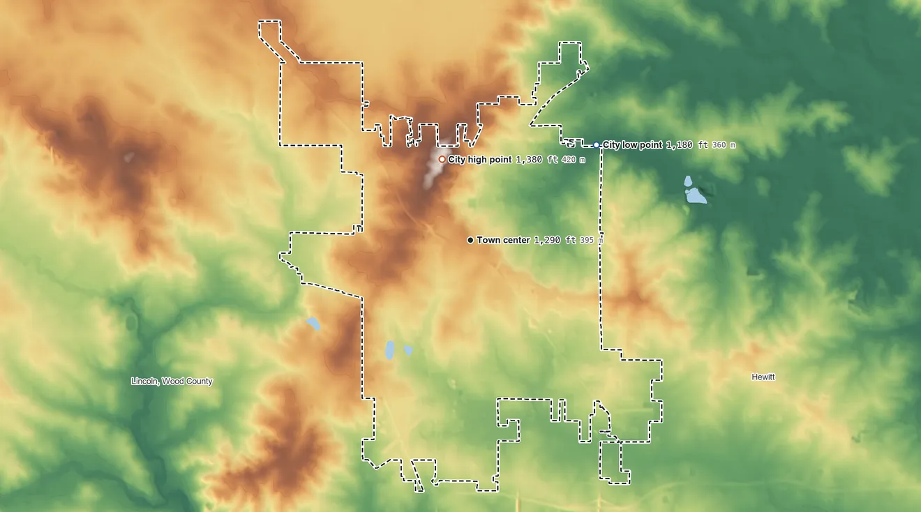 Topographic elevation map of Marshfield, Wisconsin, shaded from 1,180 ft on the northeast side to 1,380 ft on the north side