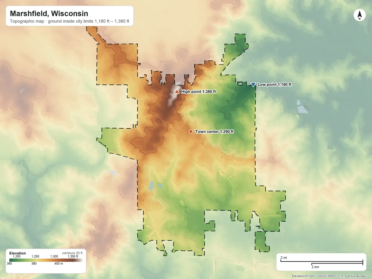 Topographic elevation map of Marshfield, Wisconsin, shaded from 1,180 ft on the northeast side to 1,380 ft on the north side