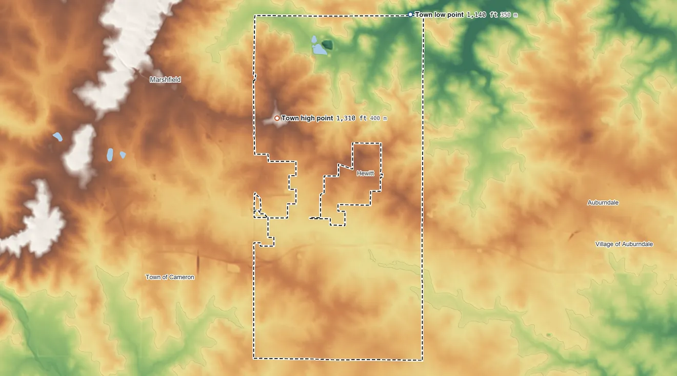Topographic elevation map of Town of Marshfield, Wisconsin, shaded from 1,140 ft on the northeast side to 1,310 ft on the northwest side