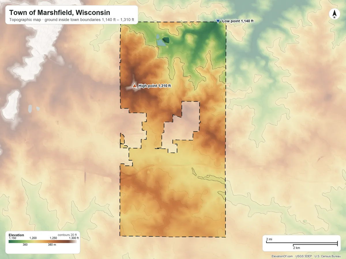 Topographic elevation map of Town of Marshfield, Wisconsin, shaded from 1,140 ft on the northeast side to 1,310 ft on the northwest side