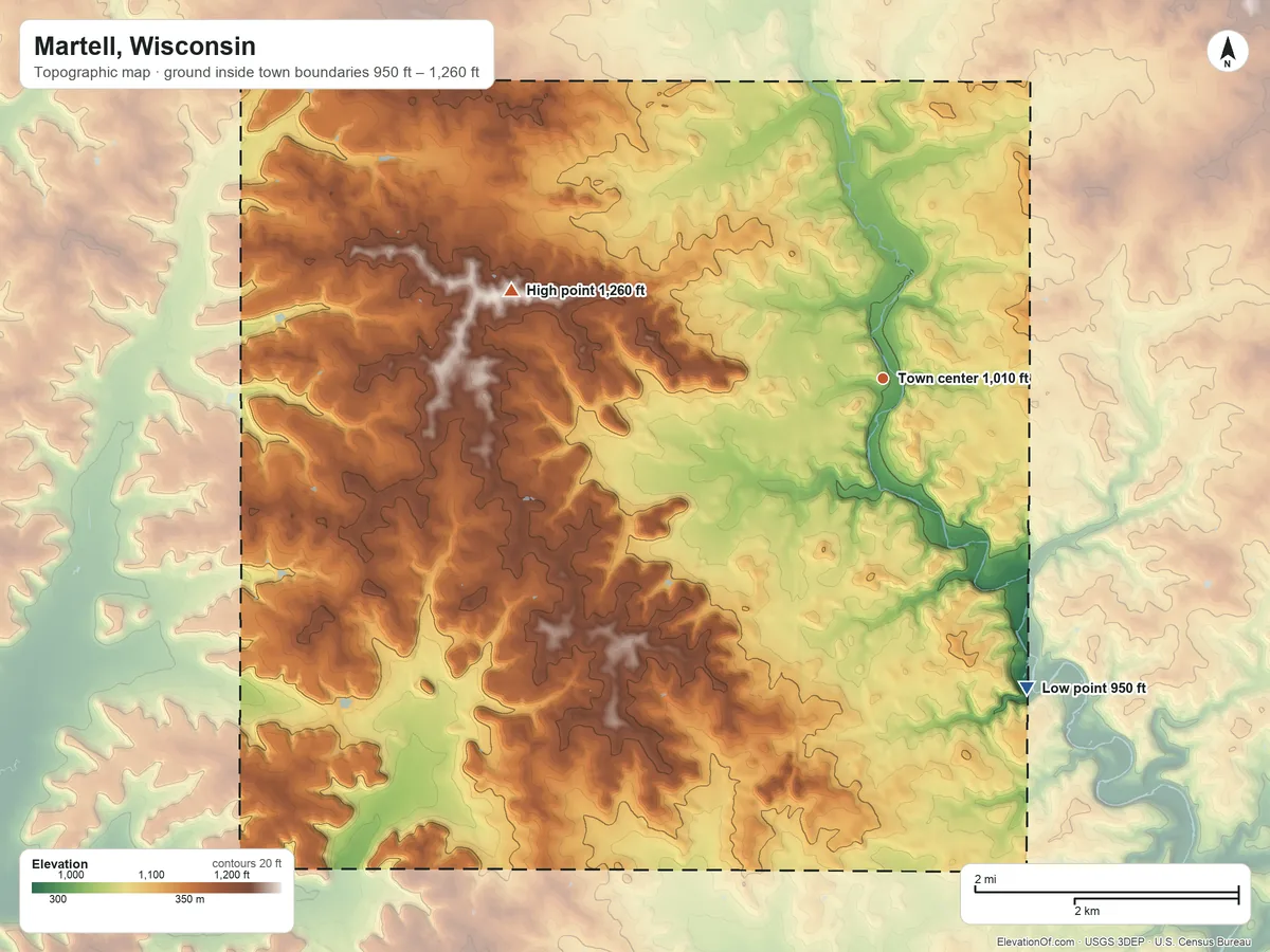 Topographic elevation map of Martell, Wisconsin, shaded from 950 ft on the southeast side to 1,260 ft on the west side