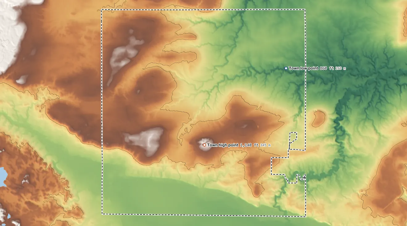 Topographic elevation map of Mason, Wisconsin, shaded from 860 ft on the northeast side to 1,140 ft on the southwest side