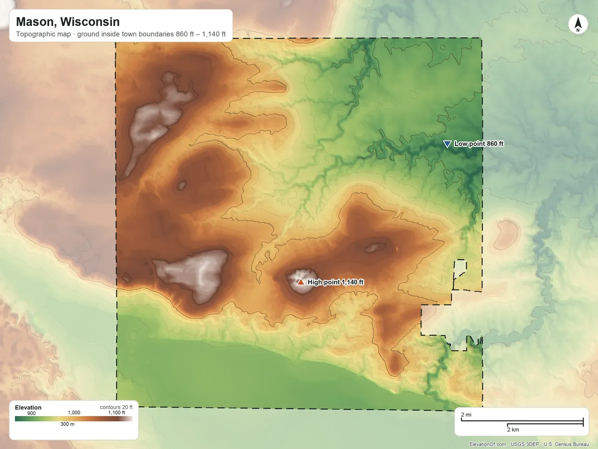 Topographic elevation map of Mason, Wisconsin, shaded from 860 ft on the northeast side to 1,140 ft on the southwest side