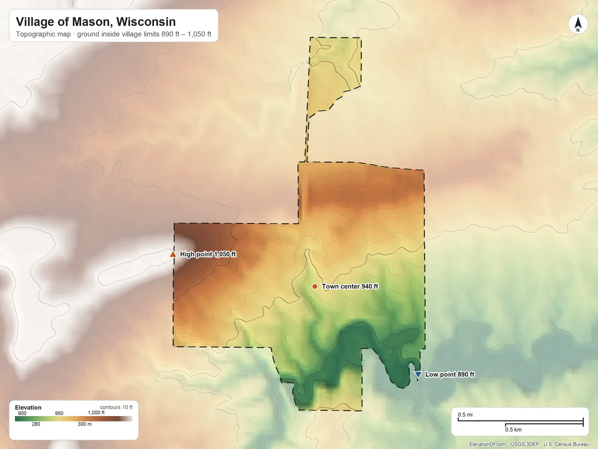 Topographic elevation map of Village of Mason, Wisconsin, shaded from 890 ft on the southeast side to 1,050 ft on the west side