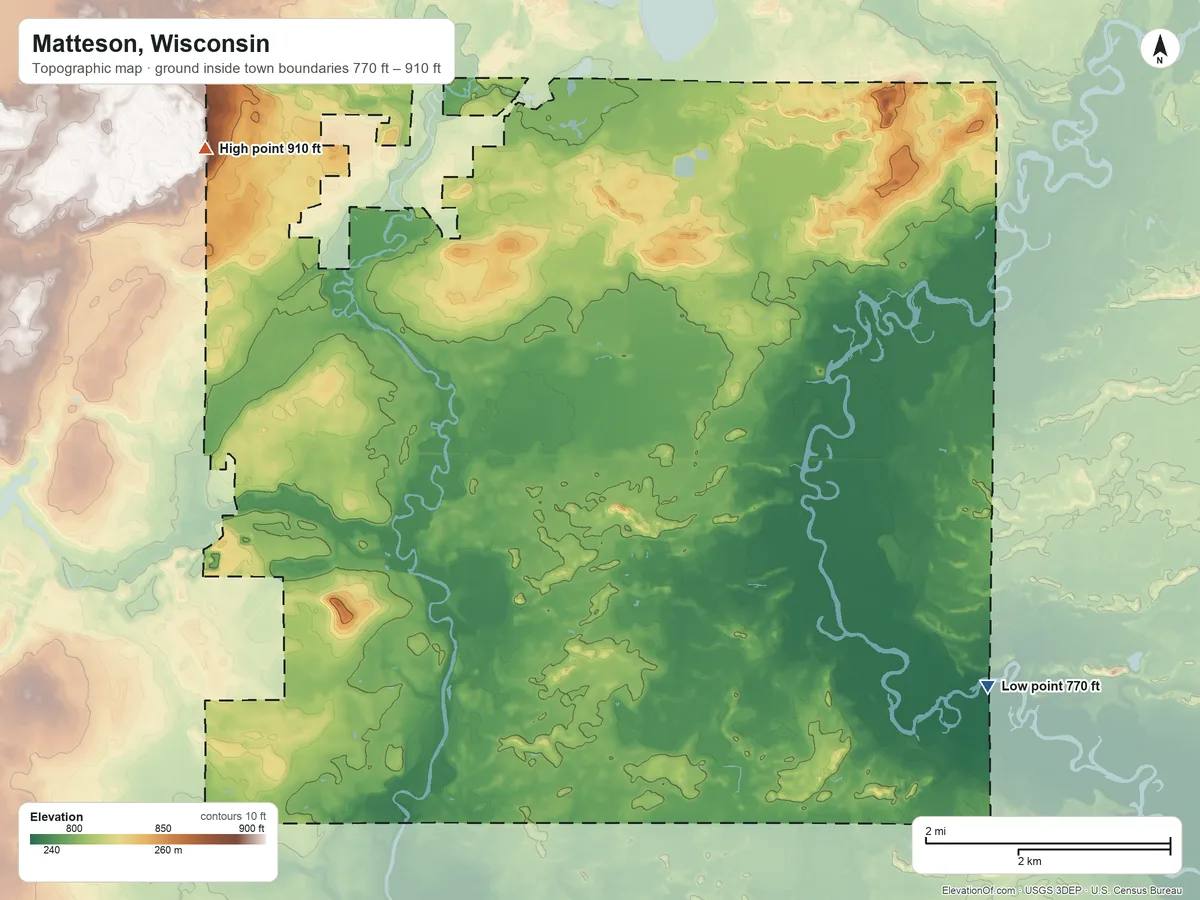 Topographic elevation map of Matteson, Wisconsin, shaded from 770 ft on the east side to 910 ft on the northwest side