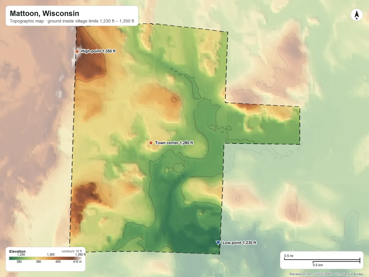 Topographic elevation map of Mattoon, Wisconsin, shaded from 1,230 ft on the southeast side to 1,350 ft on the northwest side