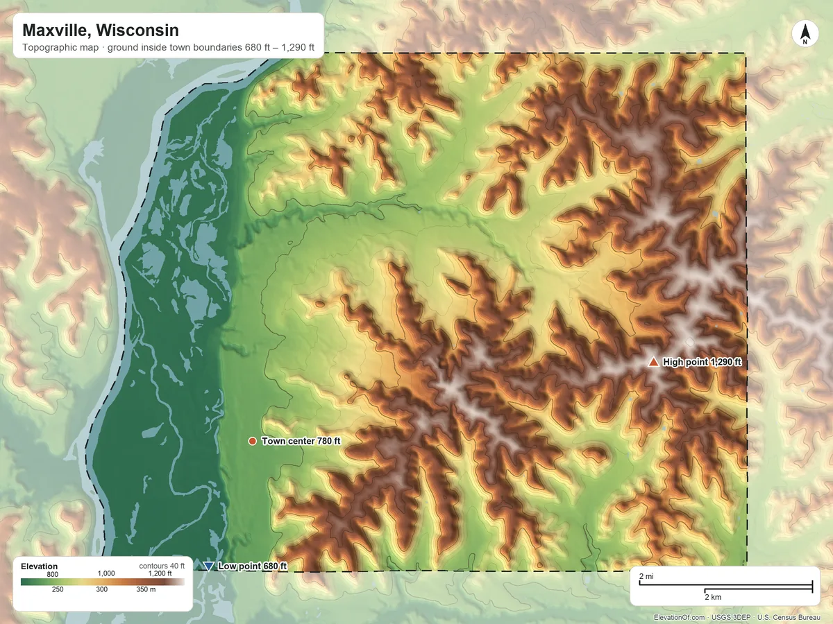Topographic elevation map of Maxville, Wisconsin, shaded from 680 ft on the south side to 1,290 ft on the east side