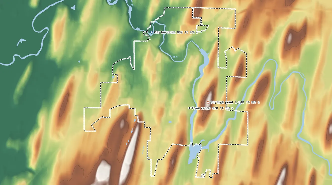 Topographic elevation map of Mayville, Wisconsin, shaded from 880 ft on the northwest side to 1,040 ft near the middle