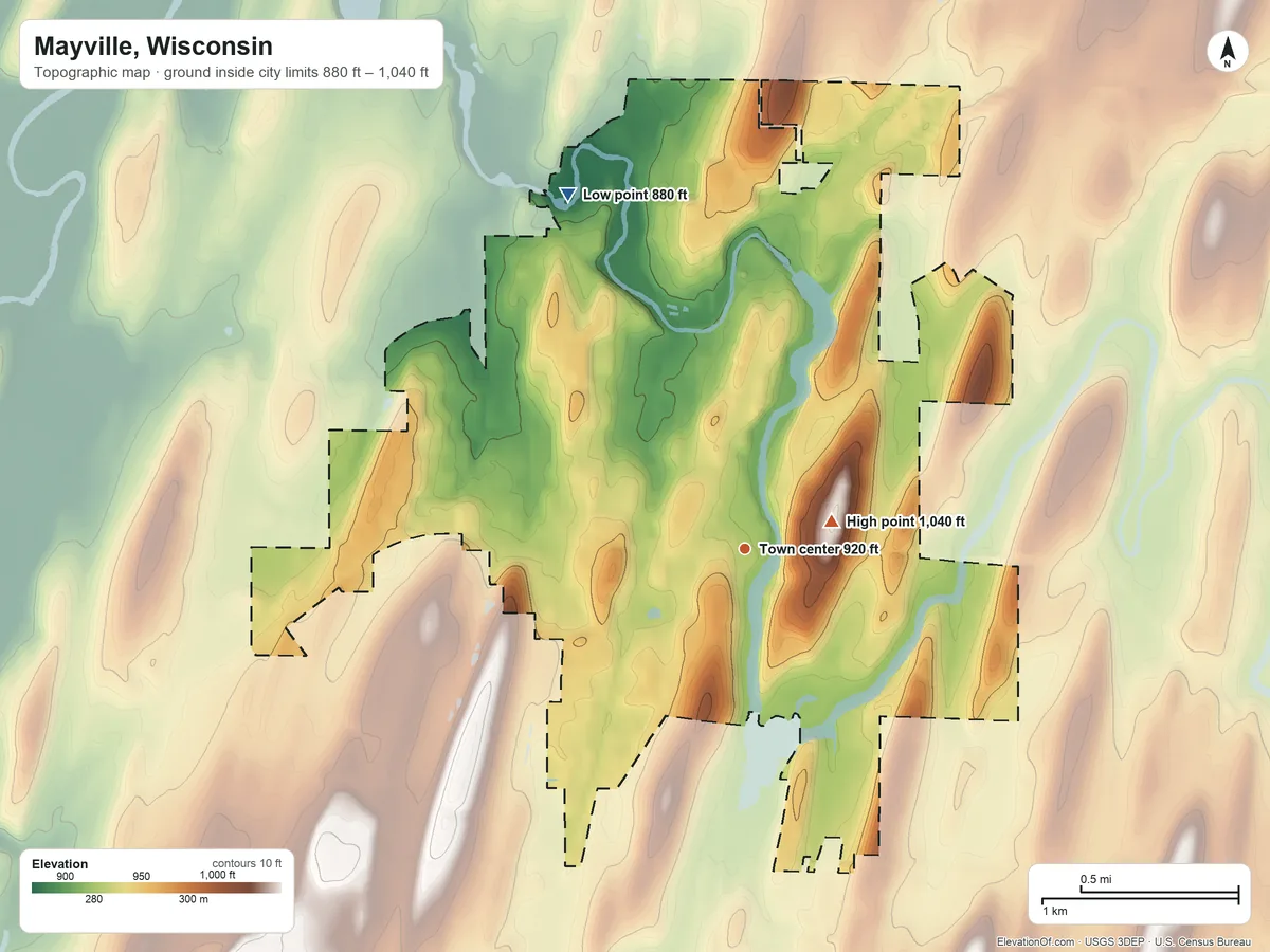 Topographic elevation map of Mayville, Wisconsin, shaded from 880 ft on the northwest side to 1,040 ft near the middle