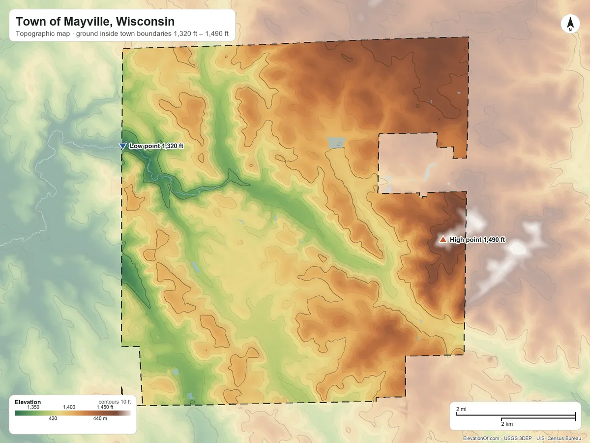Topographic elevation map of Town of Mayville, Wisconsin, shaded from 1,320 ft on the northwest side to 1,490 ft on the east side