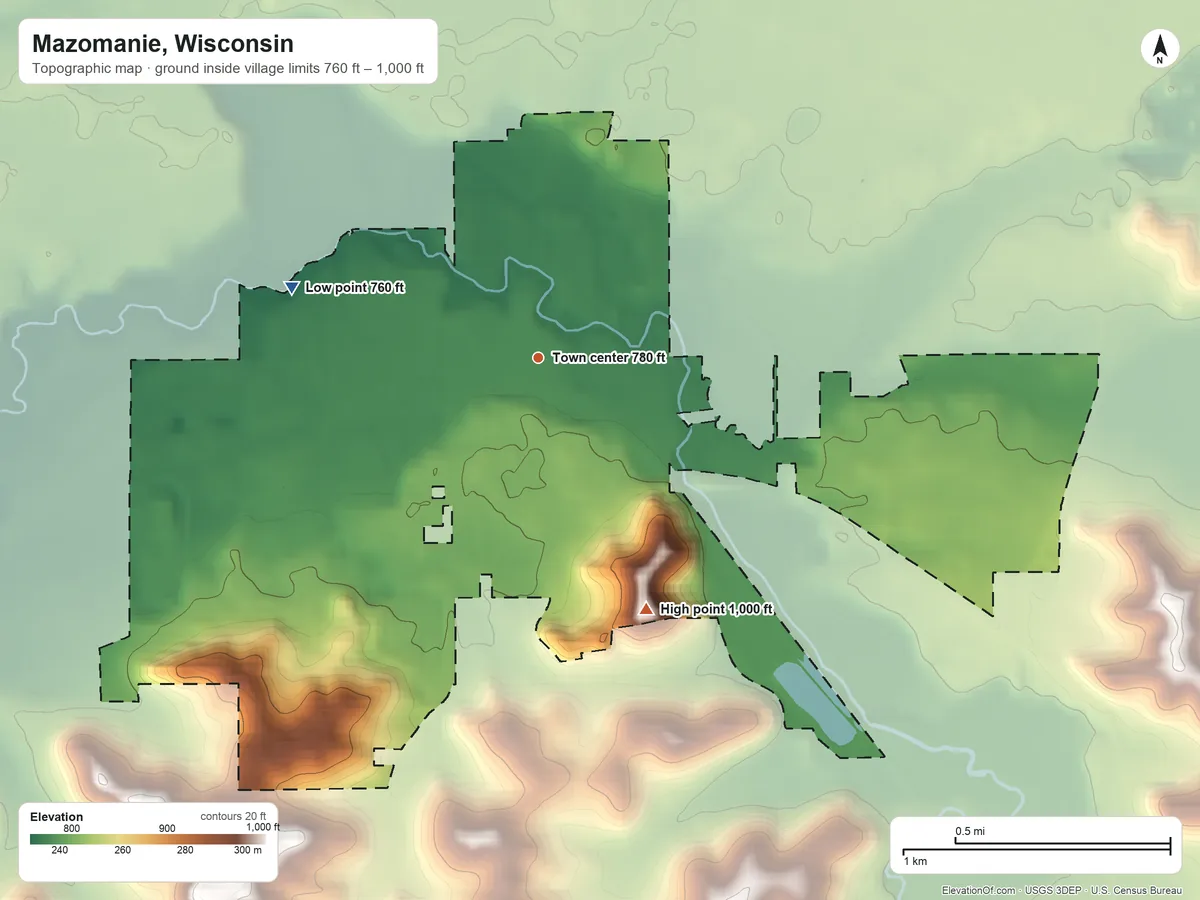 Topographic elevation map of Mazomanie, Wisconsin, shaded from 760 ft on the west side to 1,000 ft on the southeast side