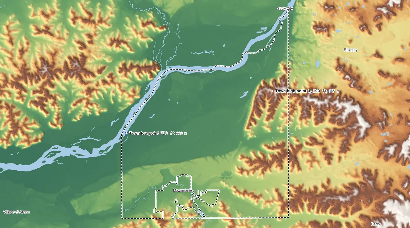 Topographic elevation map of Town of Mazomanie, Wisconsin, shaded from 720 ft on the west side to 1,120 ft on the northeast side