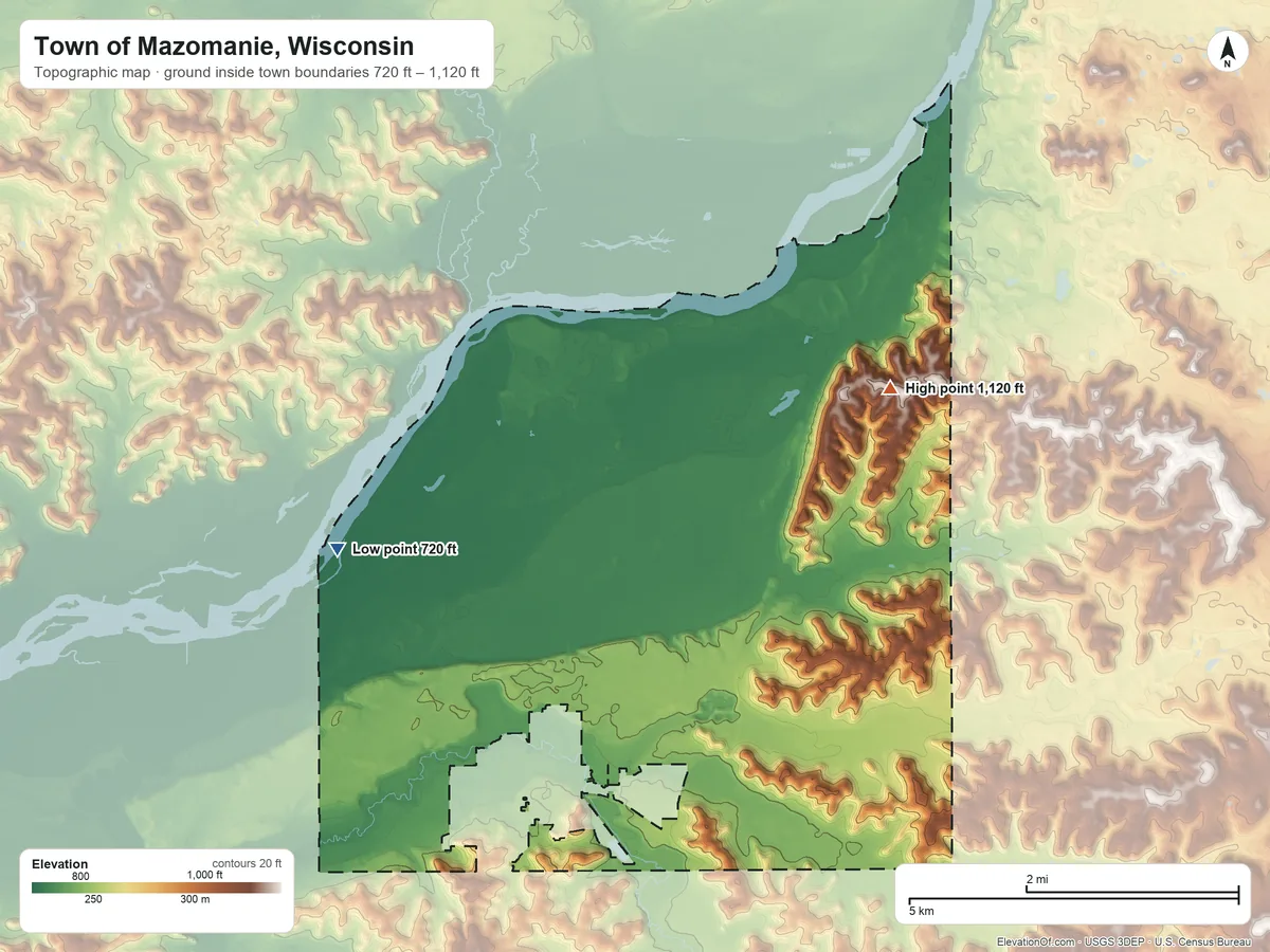 Topographic elevation map of Town of Mazomanie, Wisconsin, shaded from 720 ft on the west side to 1,120 ft on the northeast side