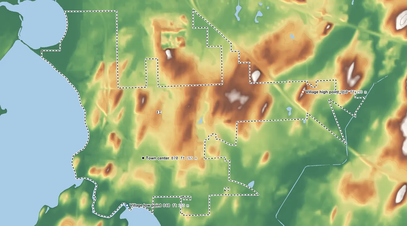 Topographic elevation map of McFarland, Wisconsin, shaded from 840 ft on the south side to 960 ft on the northeast side