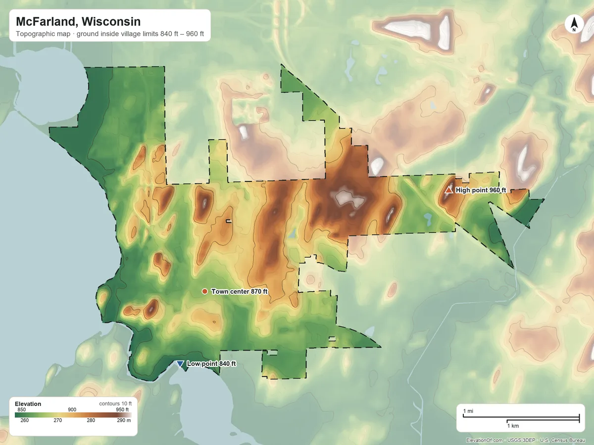 Topographic elevation map of McFarland, Wisconsin, shaded from 840 ft on the south side to 960 ft on the northeast side