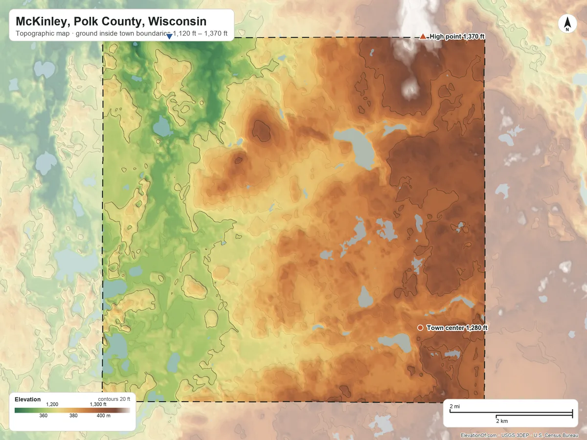 Topographic elevation map of McKinley, Polk County, Wisconsin, shaded from 1,120 ft on the northwest side to 1,370 ft on the north side