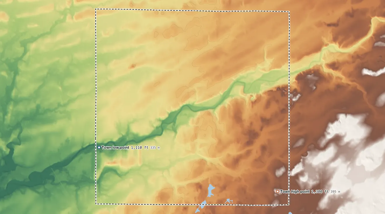 Topographic elevation map of McKinley, Wisconsin, shaded from 1,110 ft on the southwest side to 1,300 ft on the southeast side