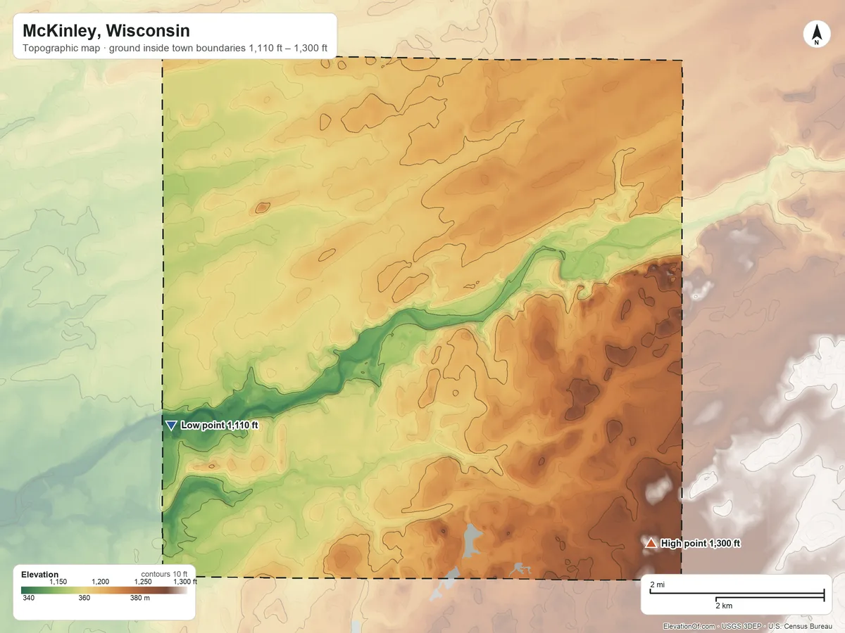 Topographic elevation map of McKinley, Wisconsin, shaded from 1,110 ft on the southwest side to 1,300 ft on the southeast side