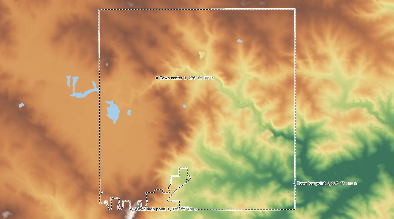 Topographic elevation map of McMillan, Wisconsin, shaded from 1,130 ft on the southeast side to 1,370 ft on the south side