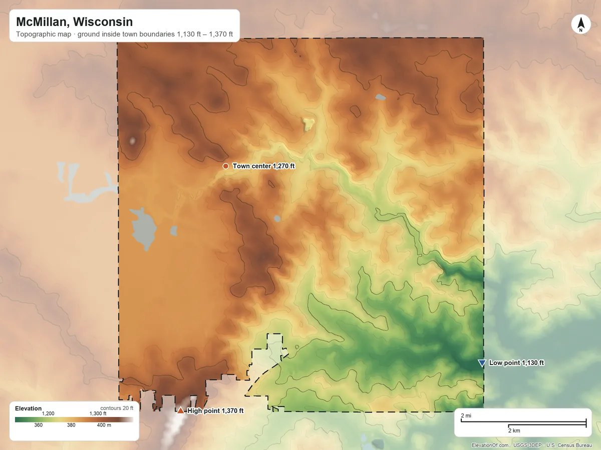 Topographic elevation map of McMillan, Wisconsin, shaded from 1,130 ft on the southeast side to 1,370 ft on the south side
