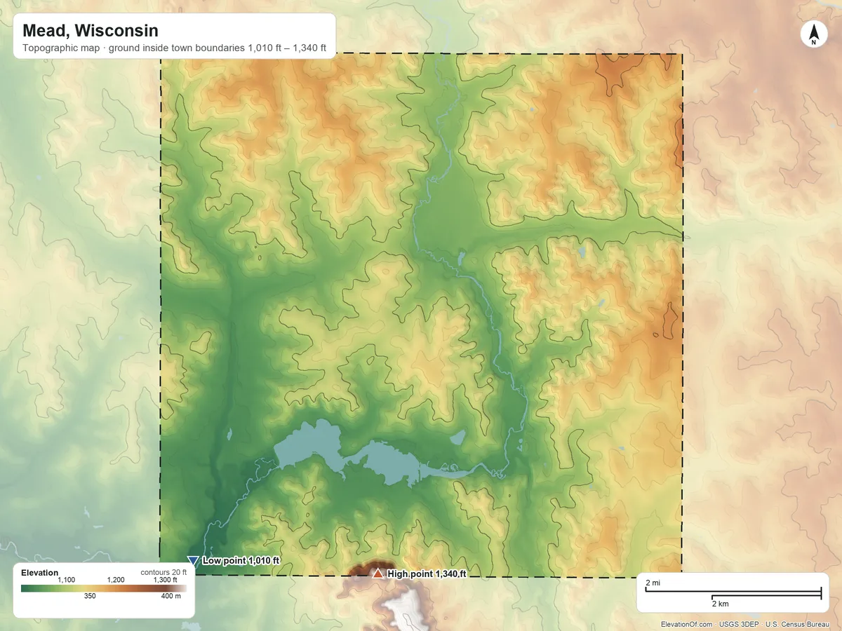 Topographic elevation map of Mead, Wisconsin, shaded from 1,010 ft on the southwest side to 1,340 ft on the south side