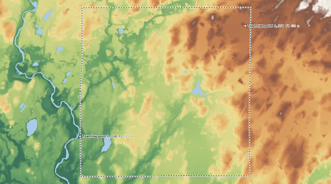 Topographic elevation map of Meadowbrook, Wisconsin, shaded from 1,160 ft on the southwest side to 1,350 ft on the northeast side