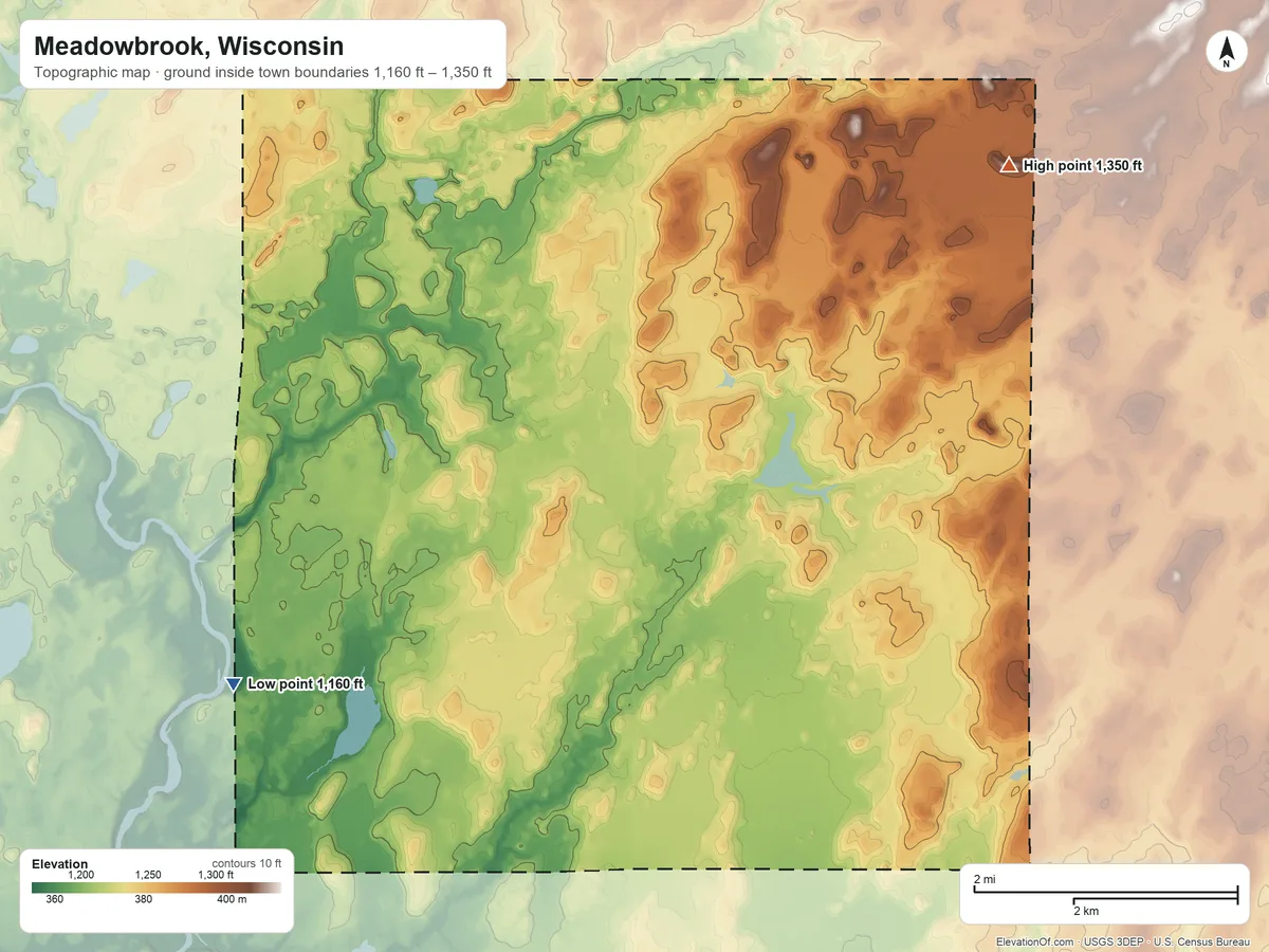 Topographic elevation map of Meadowbrook, Wisconsin, shaded from 1,160 ft on the southwest side to 1,350 ft on the northeast side