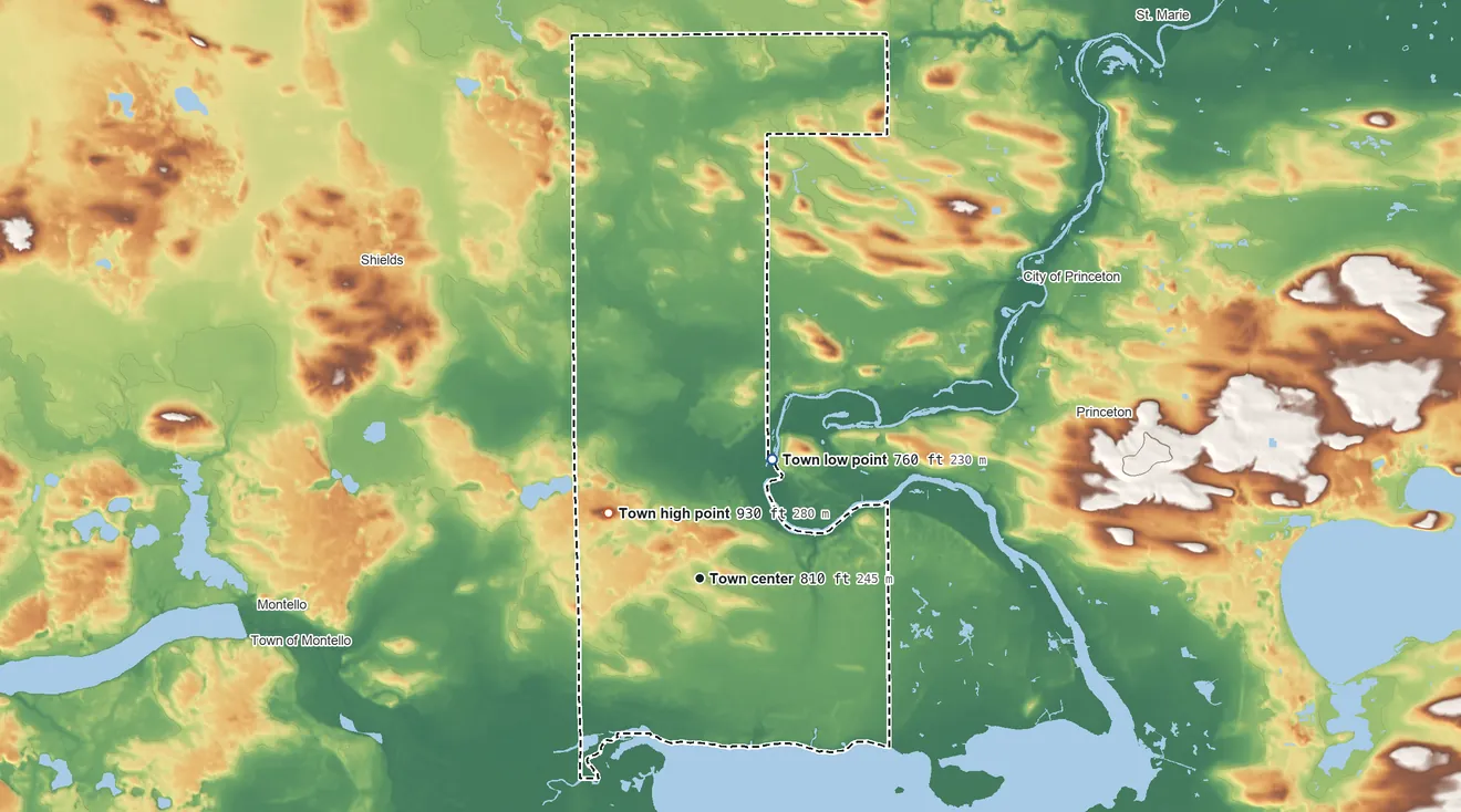Topographic elevation map of Mecan, Wisconsin, shaded from 760 ft on the northeast side to 930 ft on the northwest side