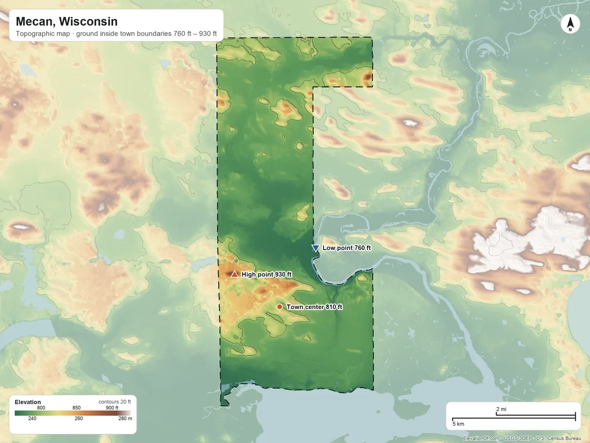 Topographic elevation map of Mecan, Wisconsin, shaded from 760 ft on the northeast side to 930 ft on the northwest side