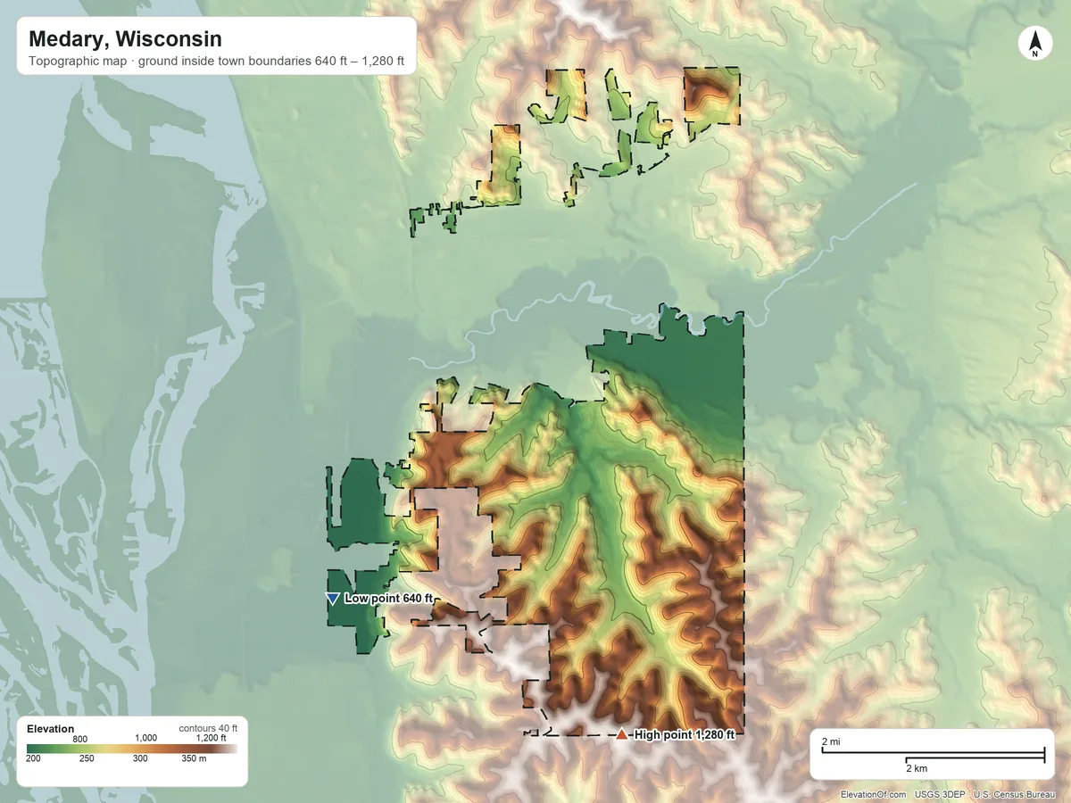 Topographic elevation map of Medary, Wisconsin, shaded from 640 ft on the southwest side to 1,280 ft on the south side