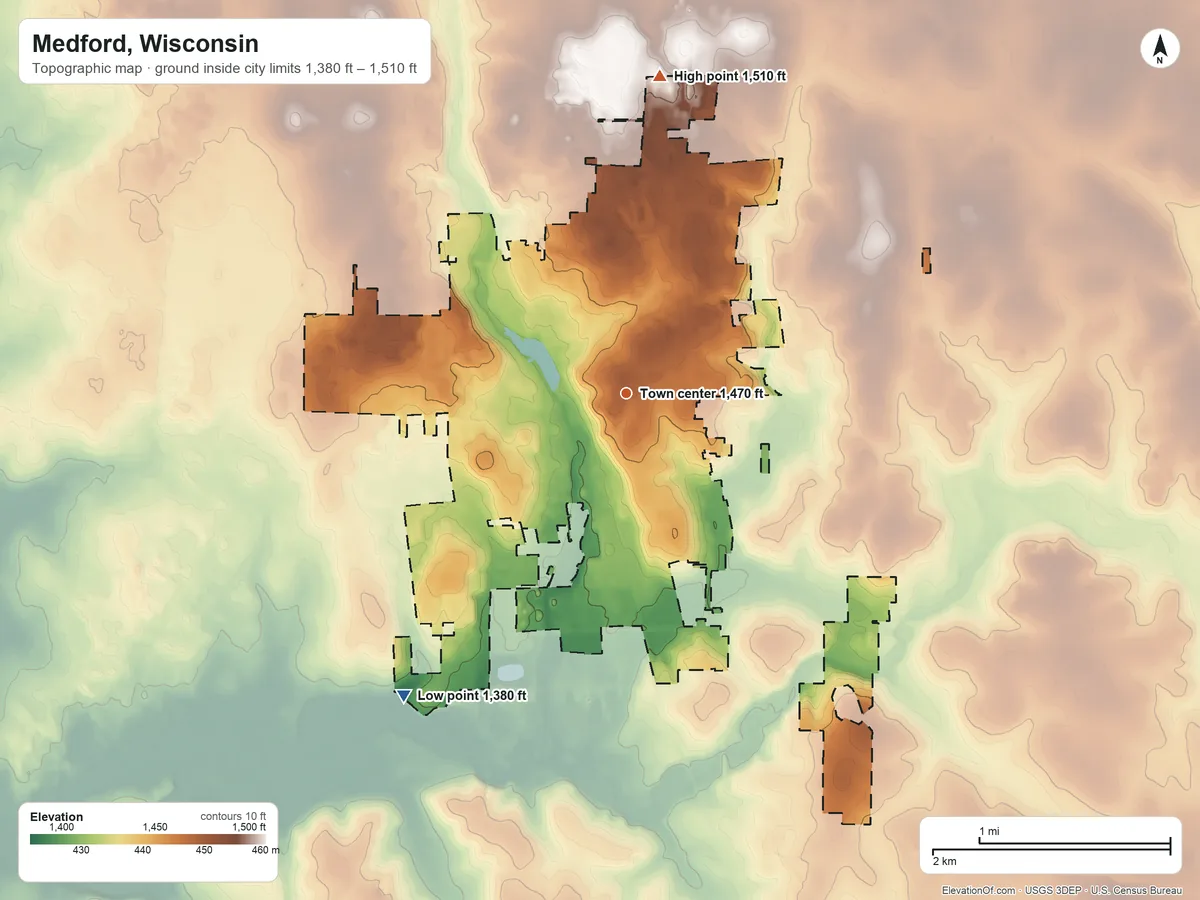 Topographic elevation map of Medford, Wisconsin, shaded from 1,380 ft on the southwest side to 1,510 ft on the north side