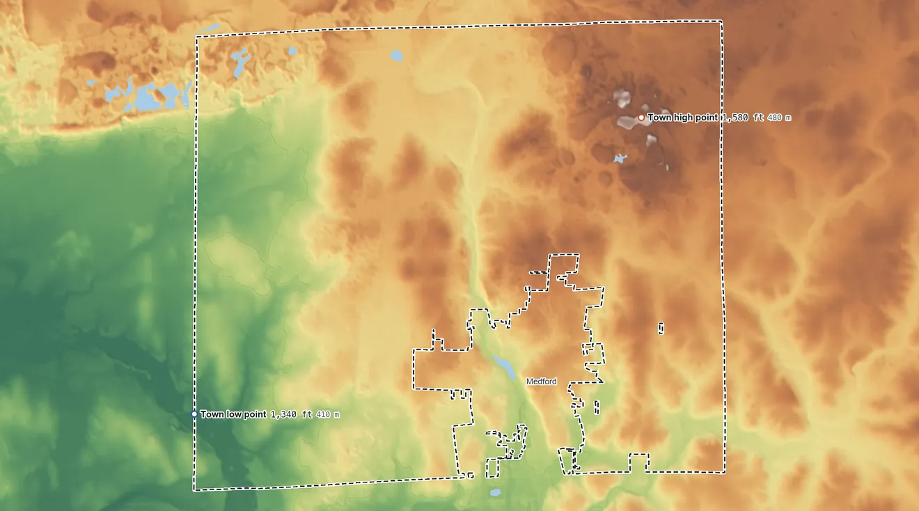 Topographic elevation map of Town of Medford, Wisconsin, shaded from 1,340 ft on the southwest side to 1,580 ft on the northeast side
