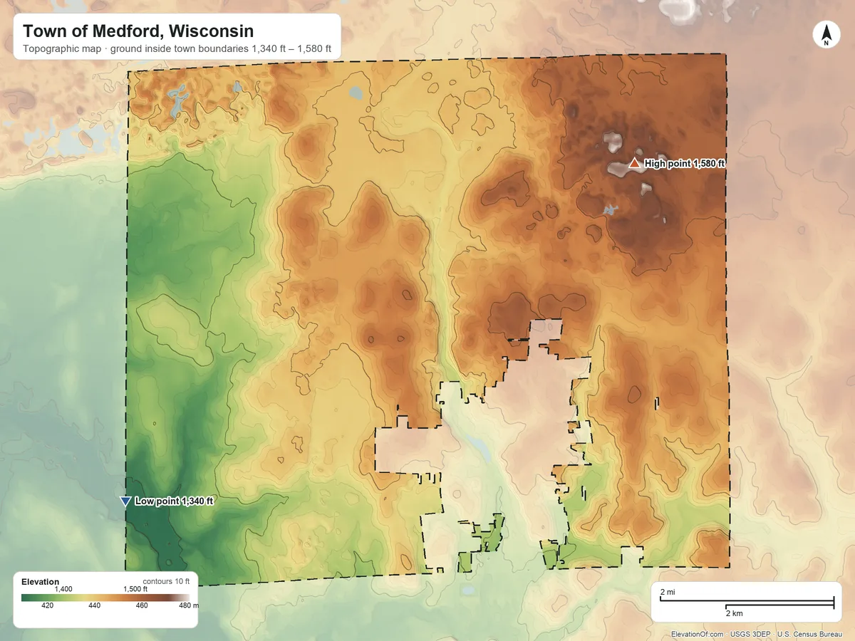 Topographic elevation map of Town of Medford, Wisconsin, shaded from 1,340 ft on the southwest side to 1,580 ft on the northeast side