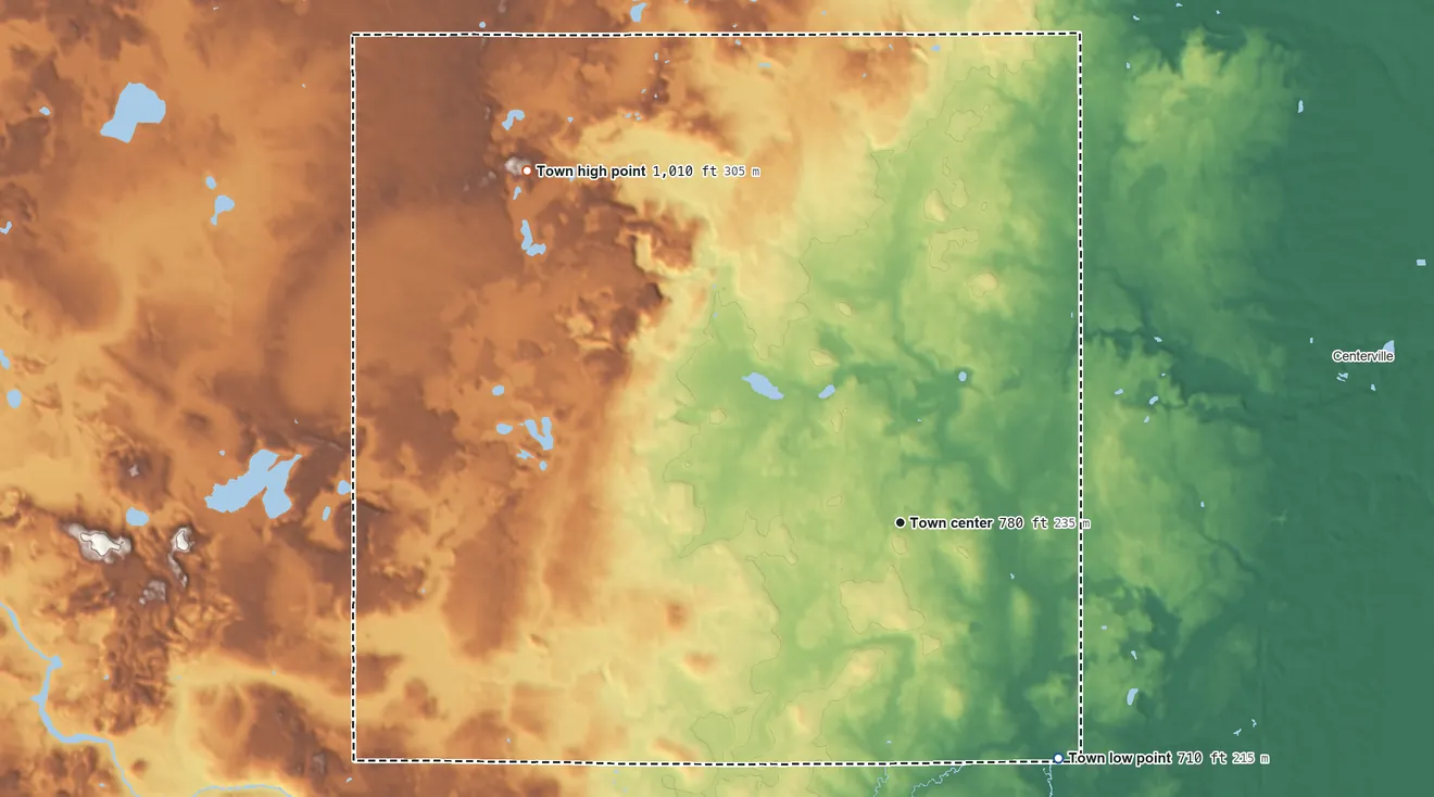 Topographic elevation map of Meeme, Wisconsin, shaded from 710 ft on the southeast side to 1,010 ft on the northwest side