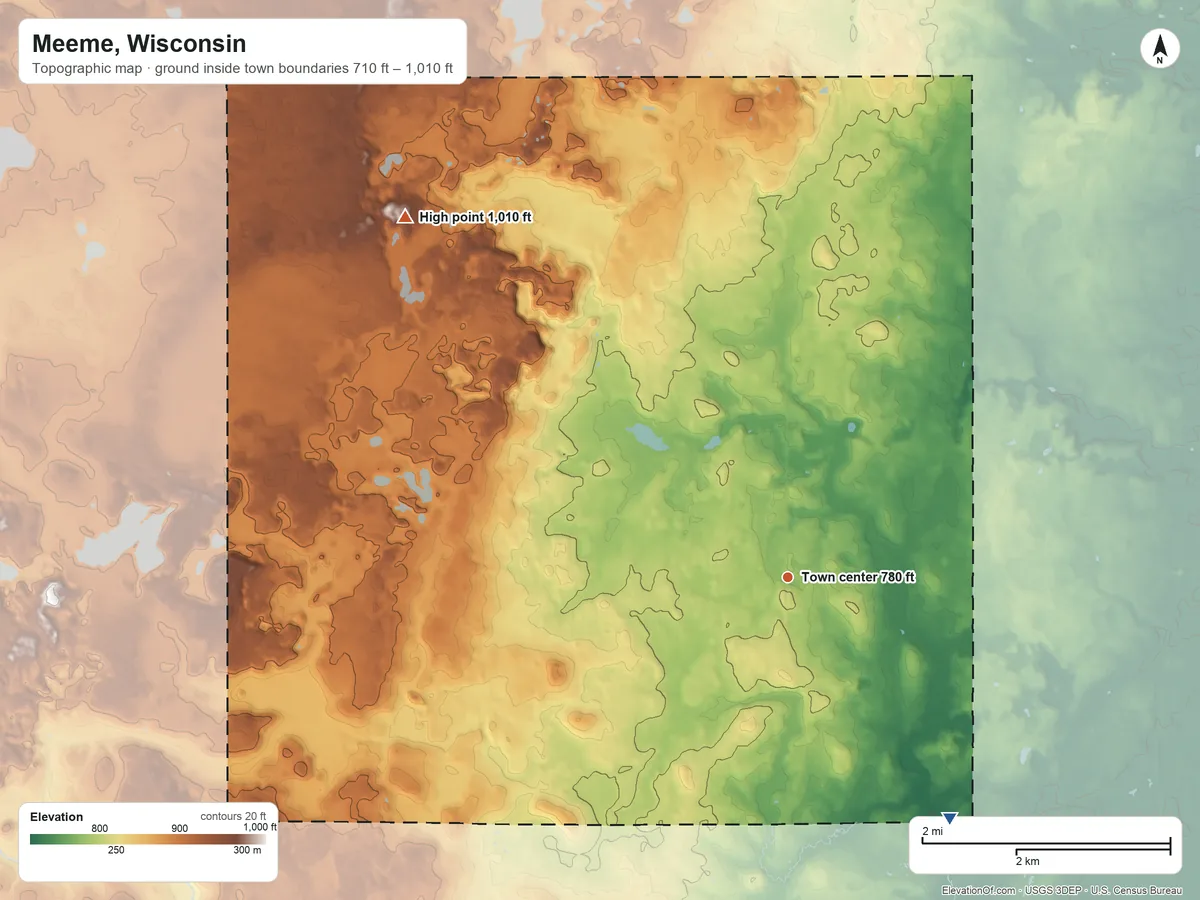 Topographic elevation map of Meeme, Wisconsin, shaded from 710 ft on the southeast side to 1,010 ft on the northwest side