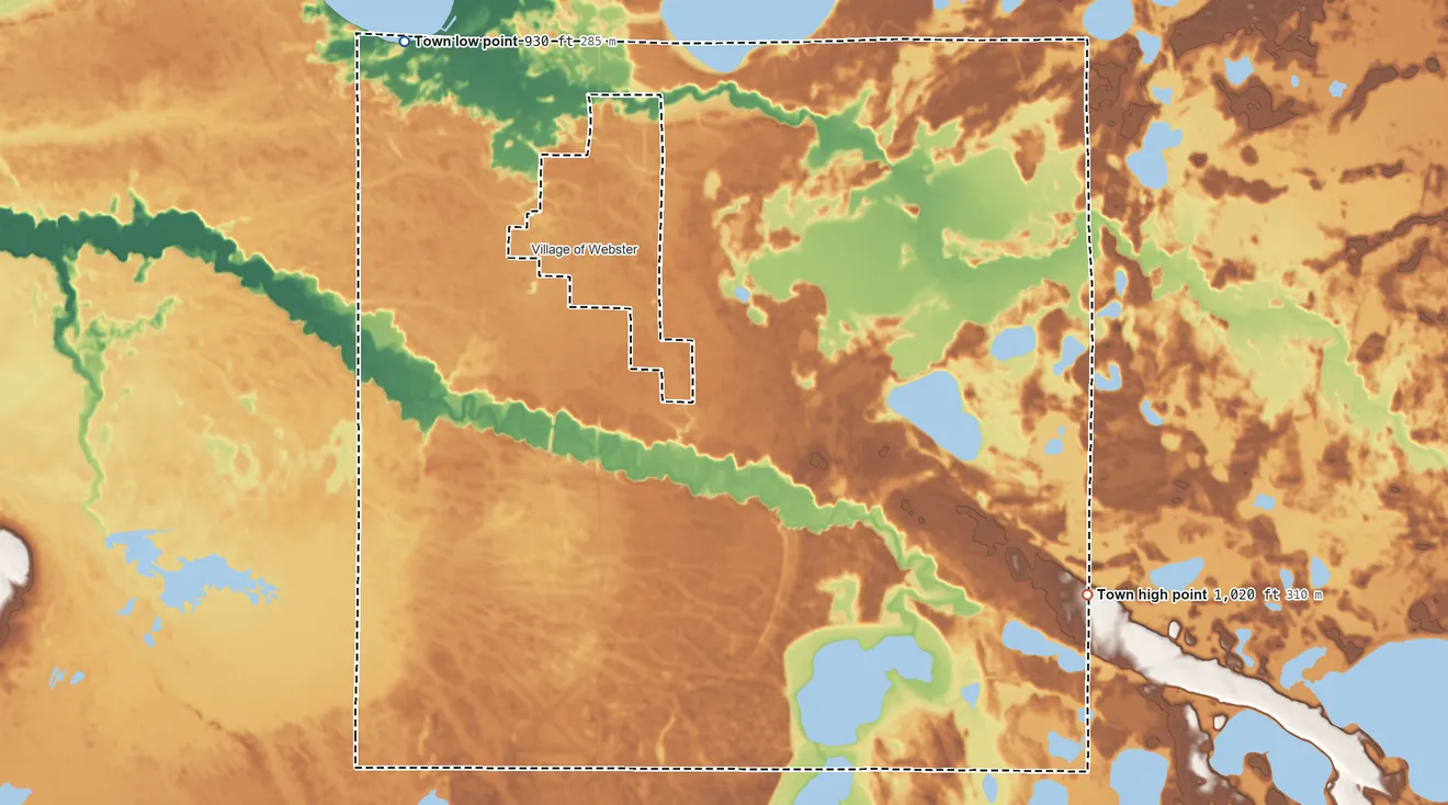 Topographic elevation map of Meenon, Wisconsin, shaded from 930 ft on the northwest side to 1,020 ft on the east side