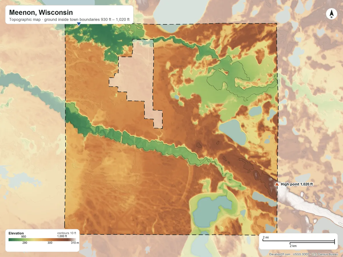 Topographic elevation map of Meenon, Wisconsin, shaded from 930 ft on the northwest side to 1,020 ft on the east side