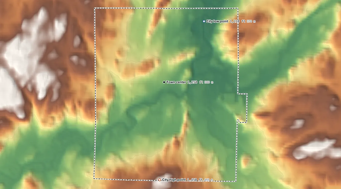 Topographic elevation map of Mellen, Wisconsin, shaded from 1,210 ft on the northeast side to 1,450 ft on the south side
