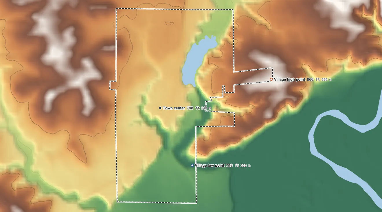 Topographic elevation map of Melrose, Wisconsin, shaded from 720 ft on the southeast side to 860 ft on the east side