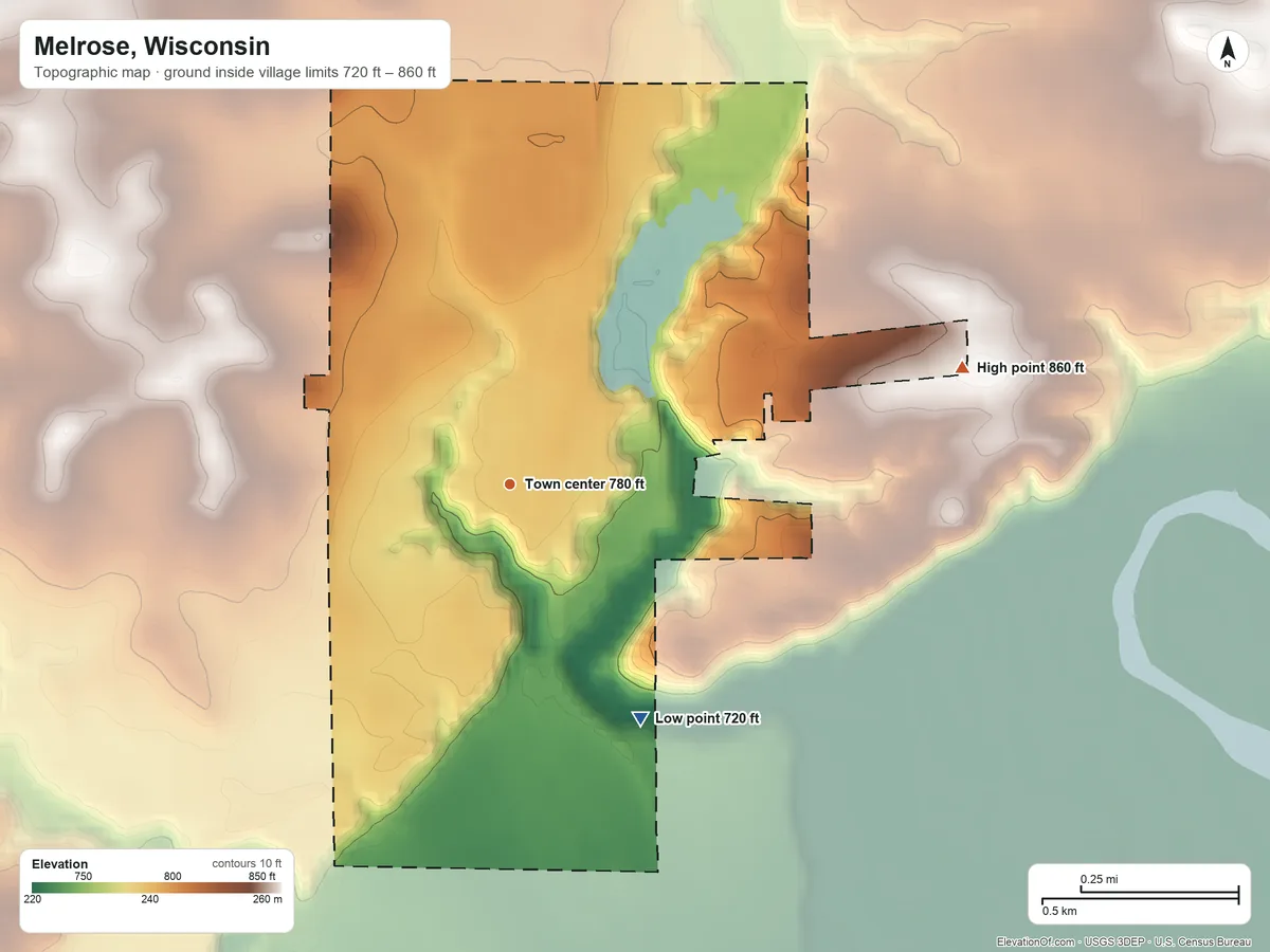Topographic elevation map of Melrose, Wisconsin, shaded from 720 ft on the southeast side to 860 ft on the east side