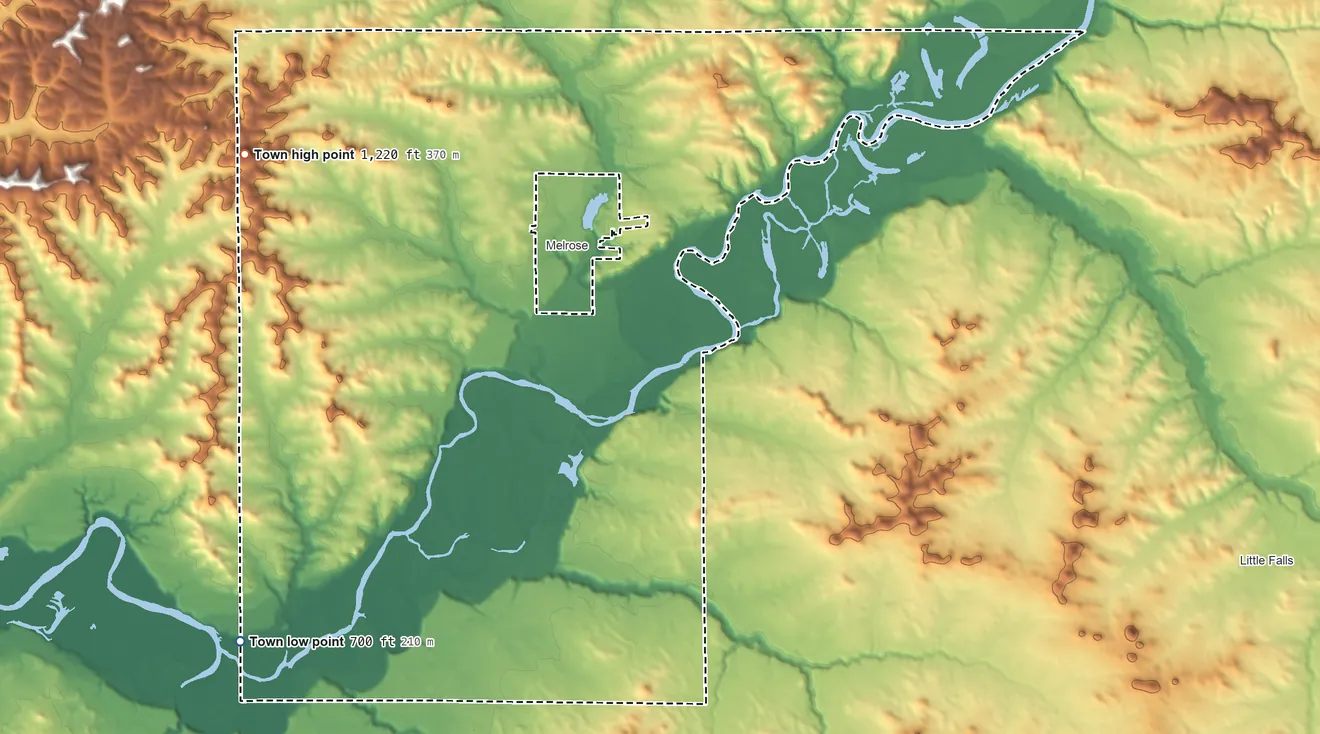 Topographic elevation map of Town of Melrose, Wisconsin, shaded from 700 ft on the southwest side to 1,220 ft on the northwest side