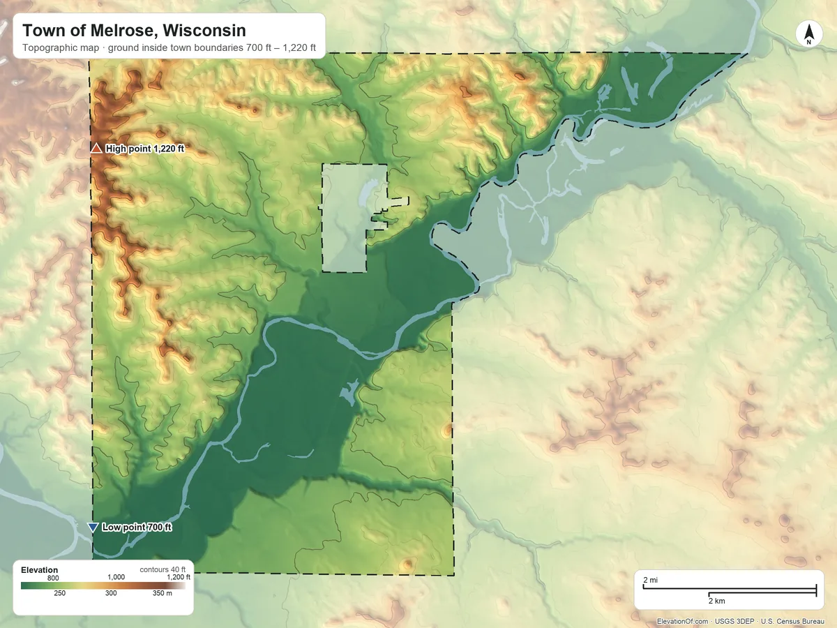 Topographic elevation map of Town of Melrose, Wisconsin, shaded from 700 ft on the southwest side to 1,220 ft on the northwest side