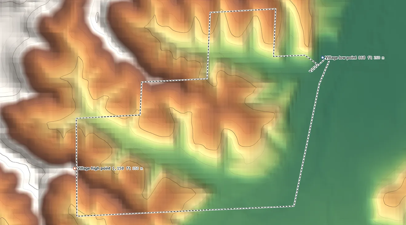 Topographic elevation map of Melvina, Wisconsin, shaded from 860 ft on the northeast side to 1,150 ft on the southwest side