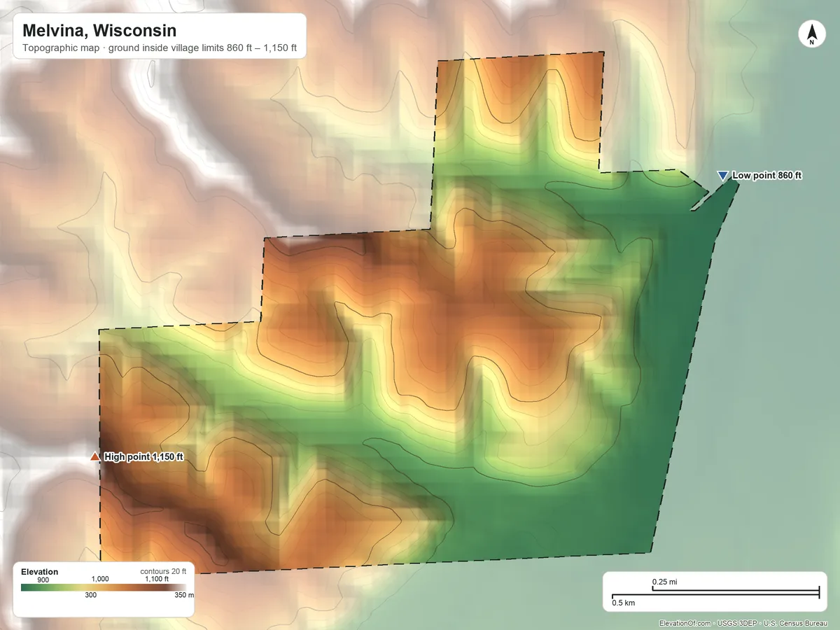 Topographic elevation map of Melvina, Wisconsin, shaded from 860 ft on the northeast side to 1,150 ft on the southwest side
