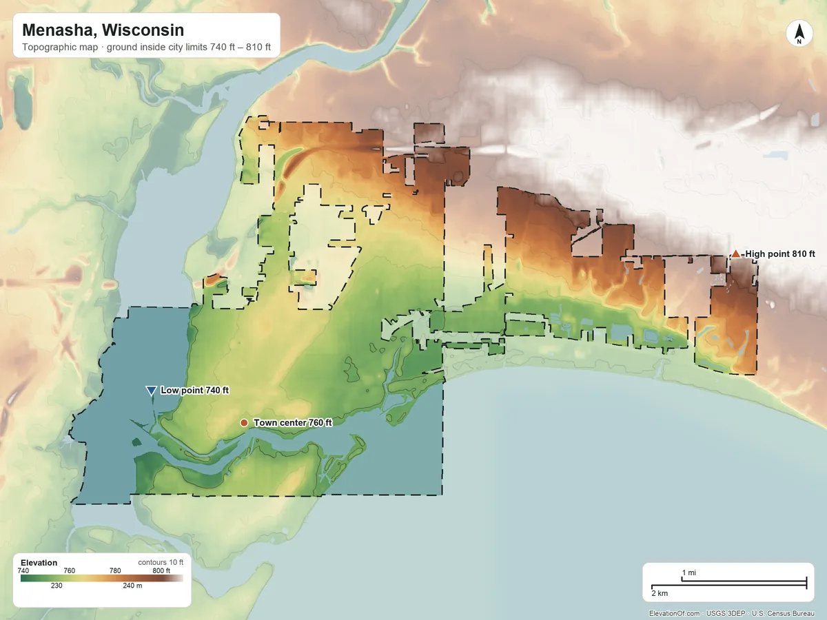 Topographic elevation map of Menasha, Wisconsin, shaded from 740 ft on the west side to 810 ft on the east side
