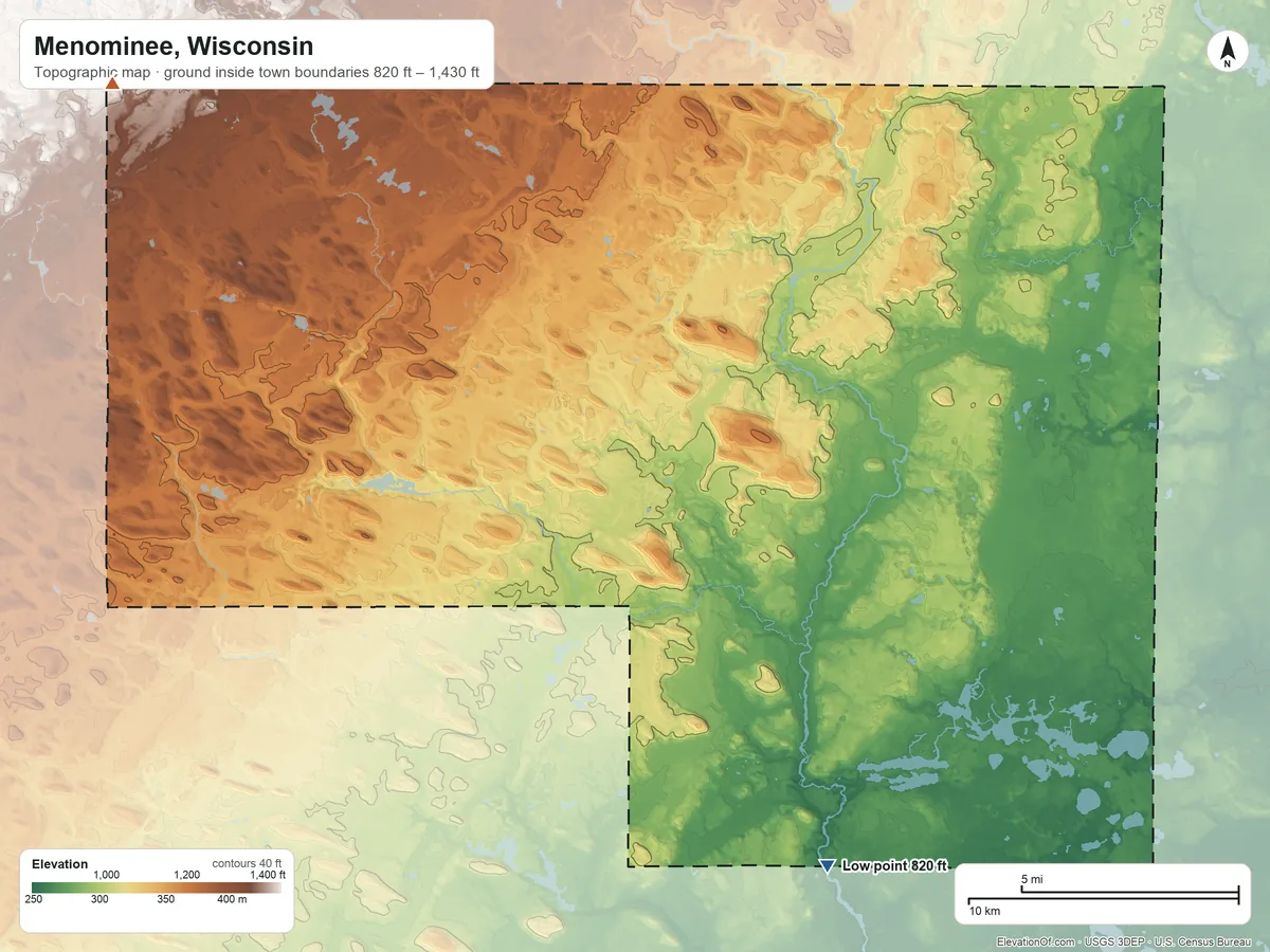 Topographic elevation map of Menominee, Wisconsin, shaded from 820 ft on the south side to 1,430 ft on the northwest side
