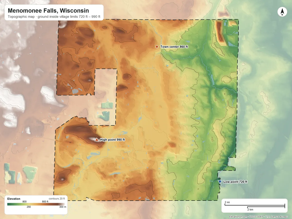 Topographic elevation map of Menomonee Falls, Wisconsin, shaded from 720 ft on the southeast side to 990 ft on the southwest side