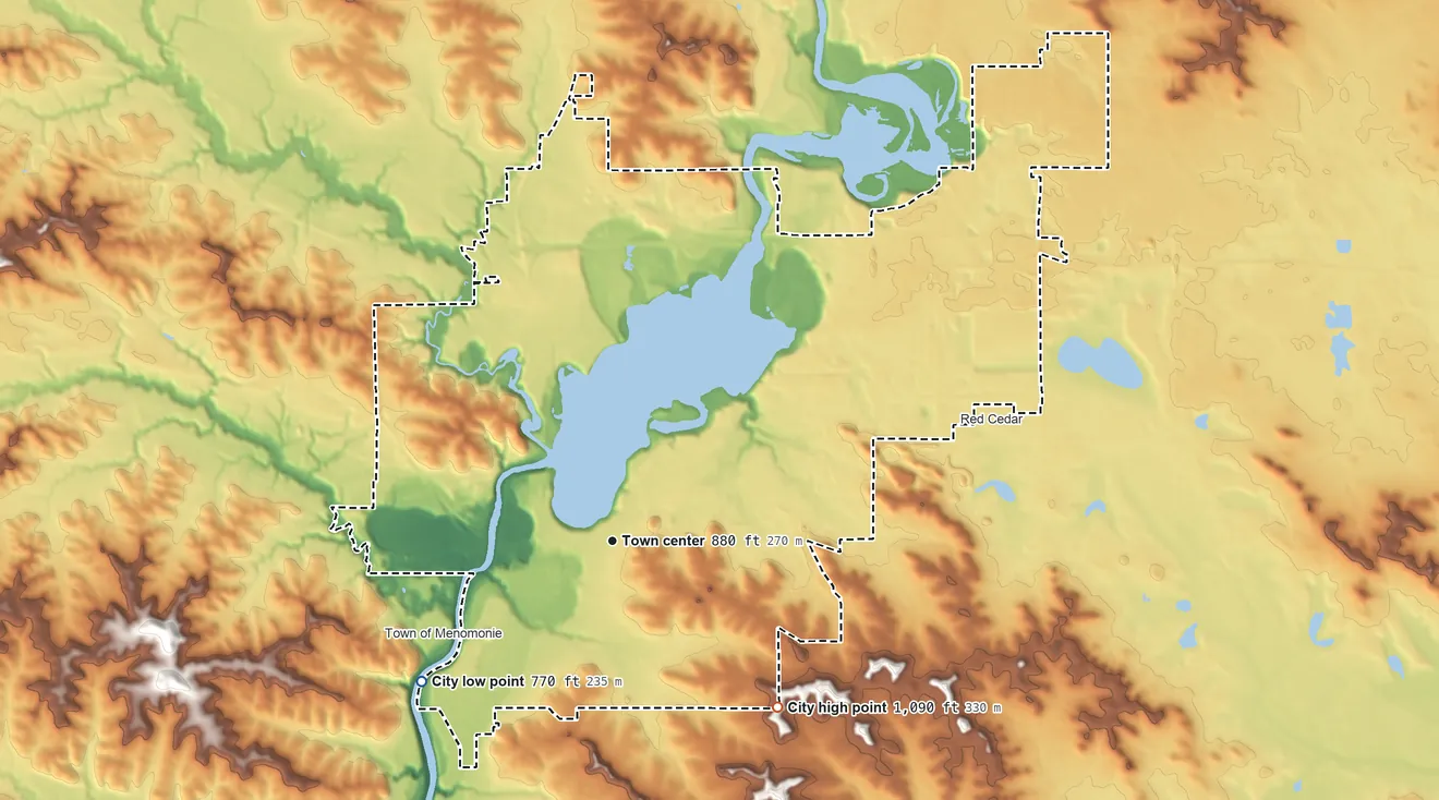 Topographic elevation map of Menomonie, Wisconsin, shaded from 770 ft on the southwest side to 1,090 ft on the southeast side