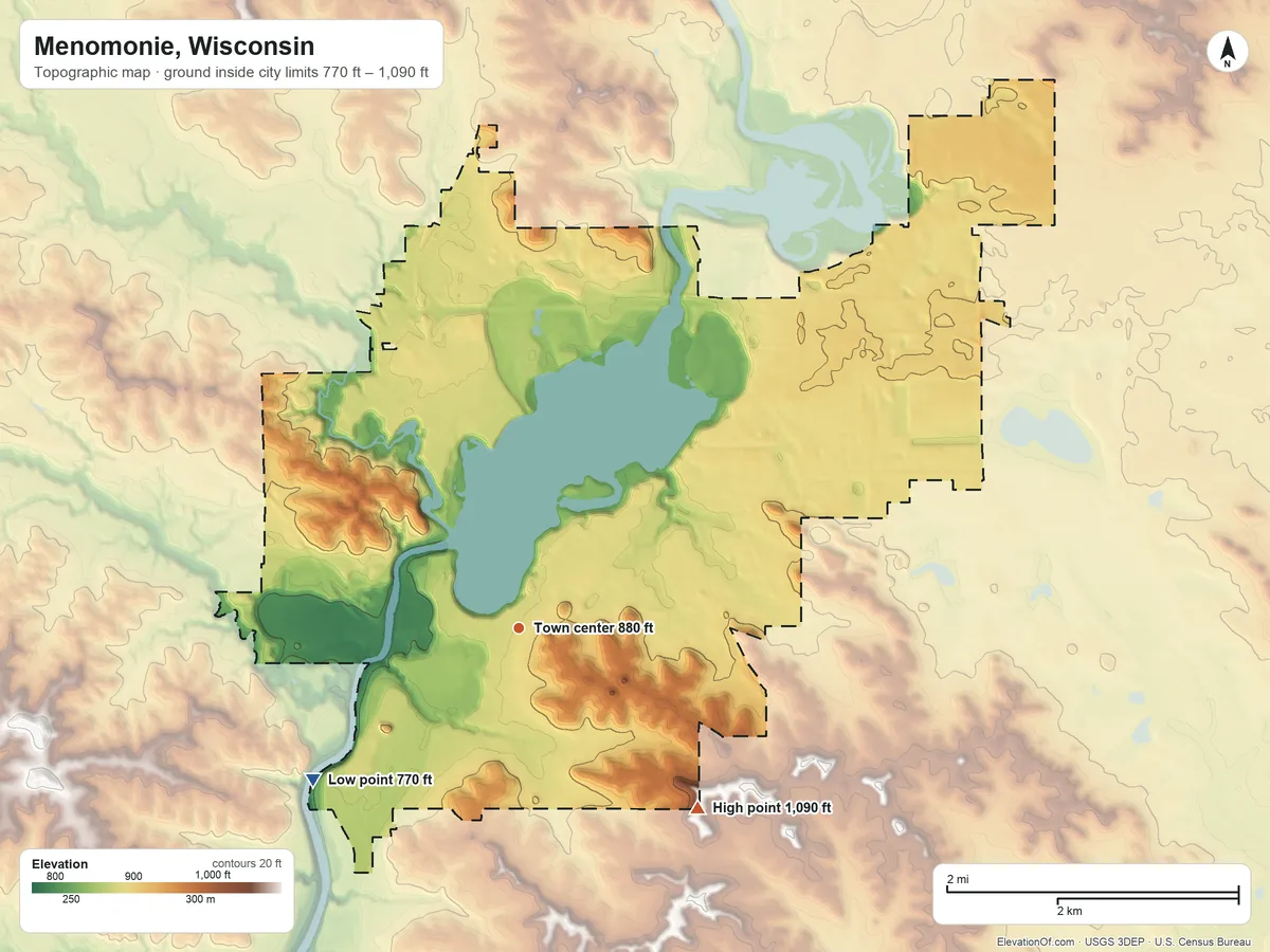 Topographic elevation map of Menomonie, Wisconsin, shaded from 770 ft on the southwest side to 1,090 ft on the southeast side